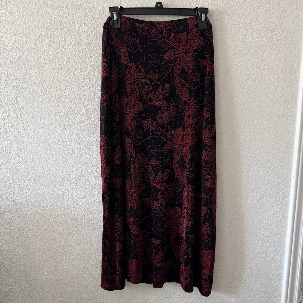 Vintage 2000s Dark Floral Romantic Maxi Skirt 1X Black Red Slit Whimsigoth Vamp